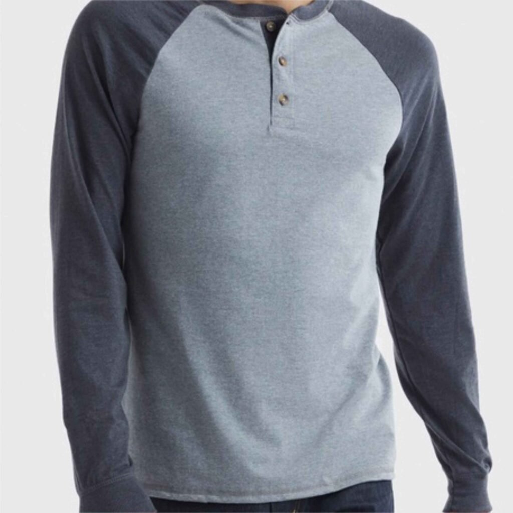 henley raglan grey navy — custom apparel style reference