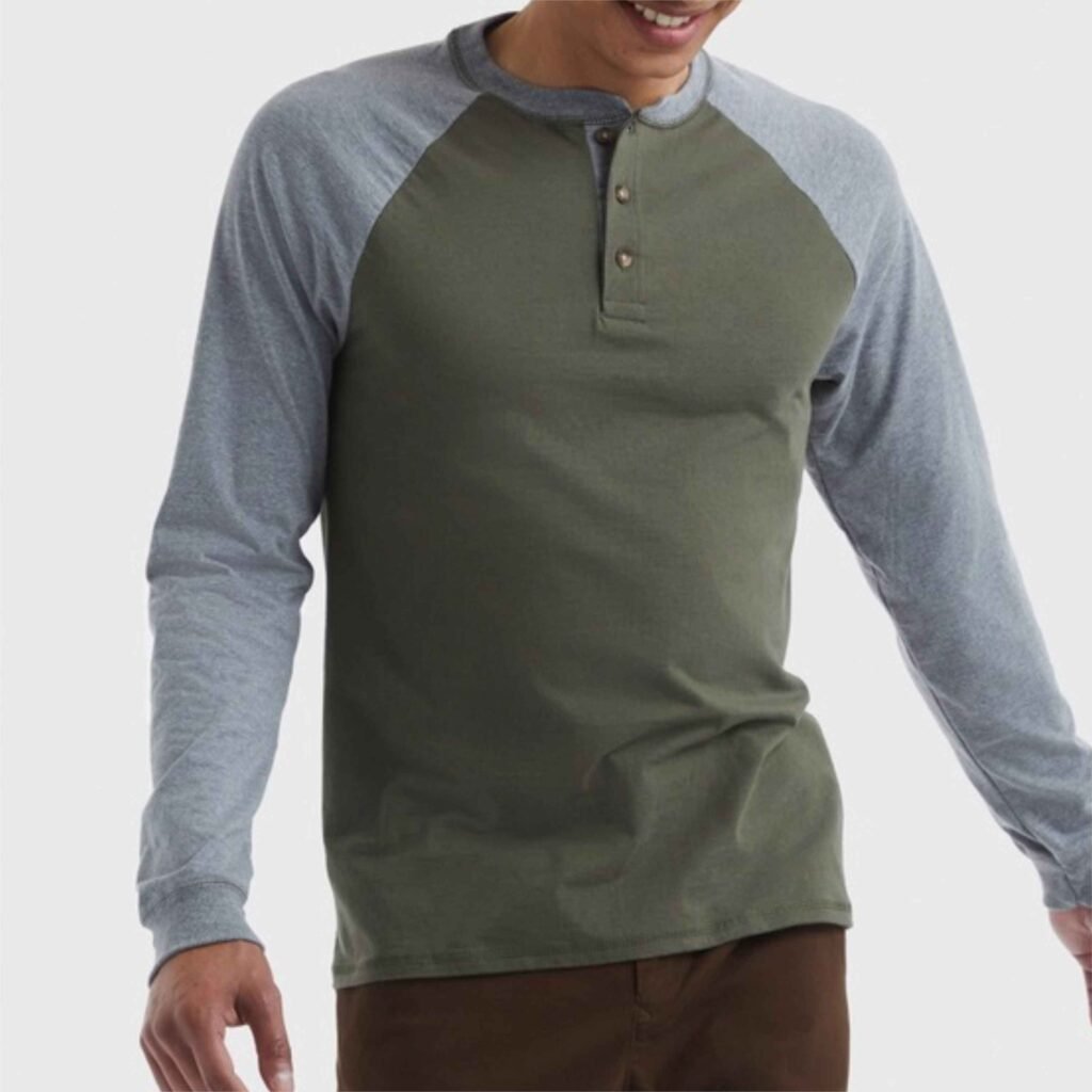 henley raglan olive grey — custom apparel style reference