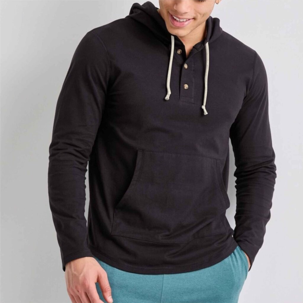 hooded henley black — custom apparel style reference