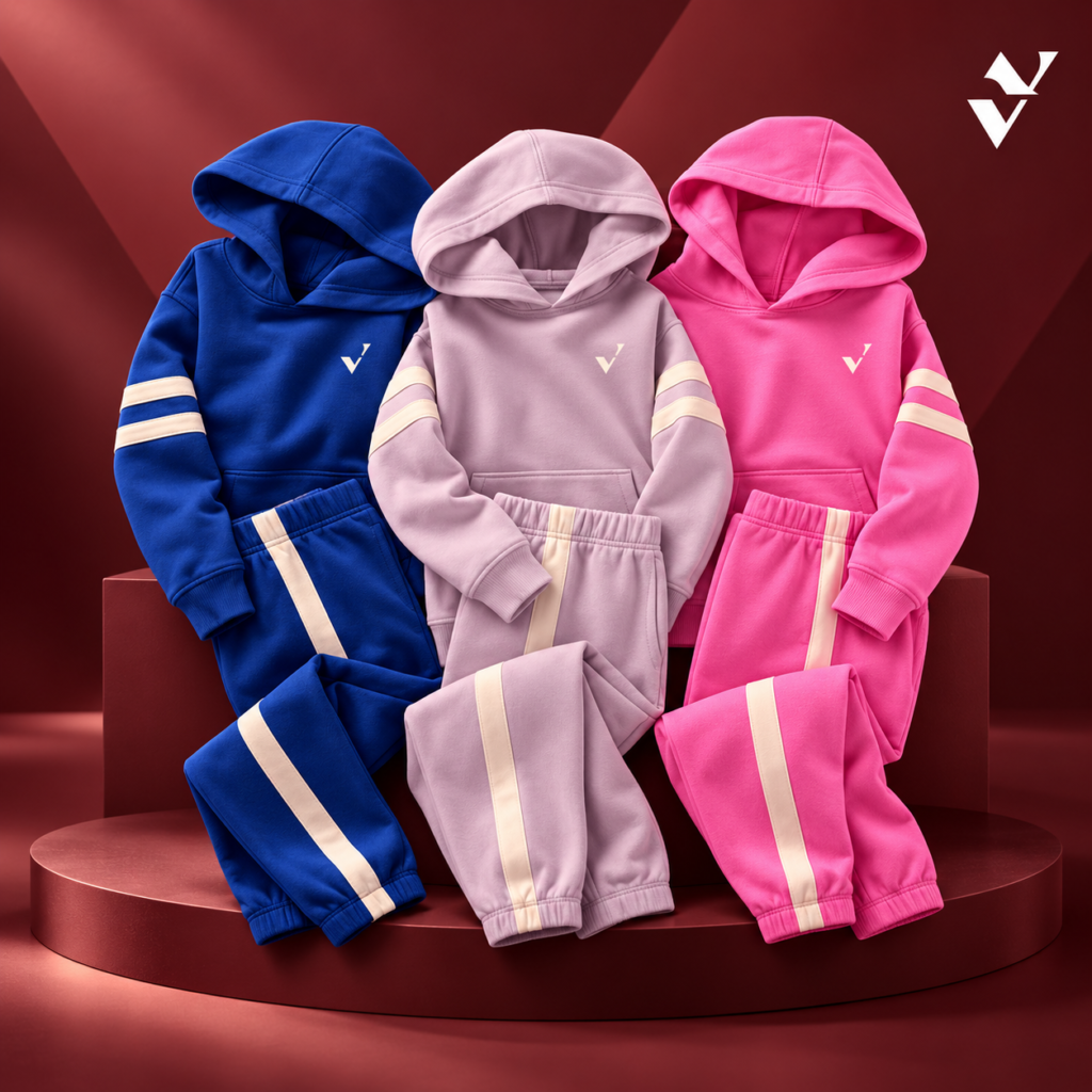 Luxury Kids’ Tracksuits on Burgundy Stage